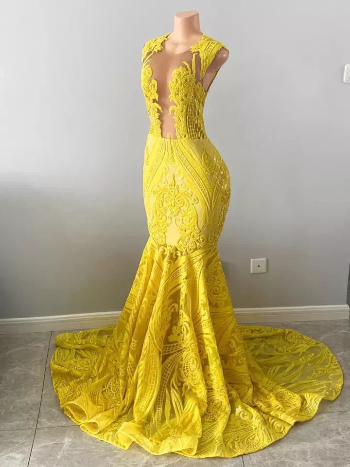 Yellow prom dresses, sheer prom dress, lace evening dress, vintage prom dresses, custom make prom dress C1465