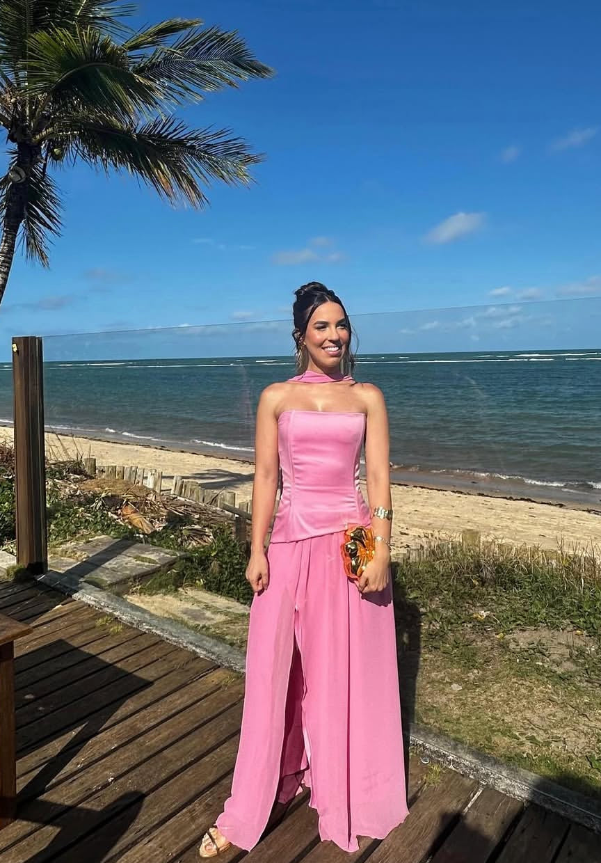 Flowy Pink A Line Long Prom Dress Split Evening Outfit