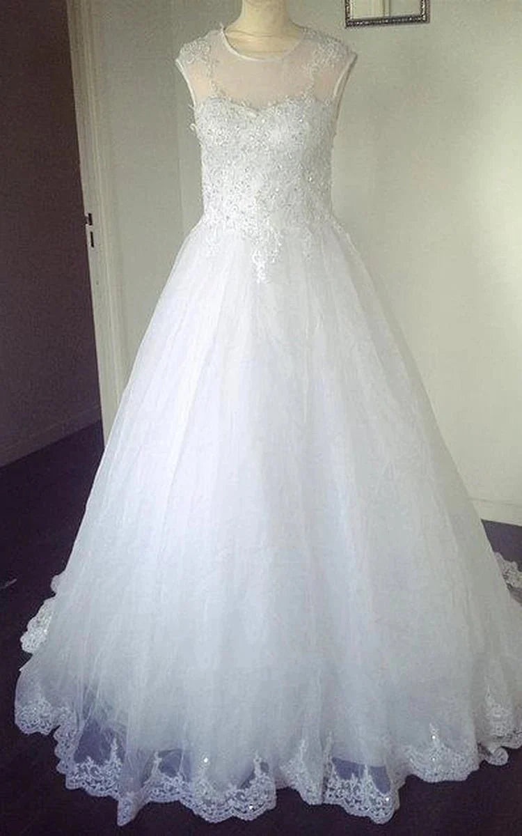 Jewel Neck Sleeveless Appliqued A-Line Beading Tulle Wedding Dress