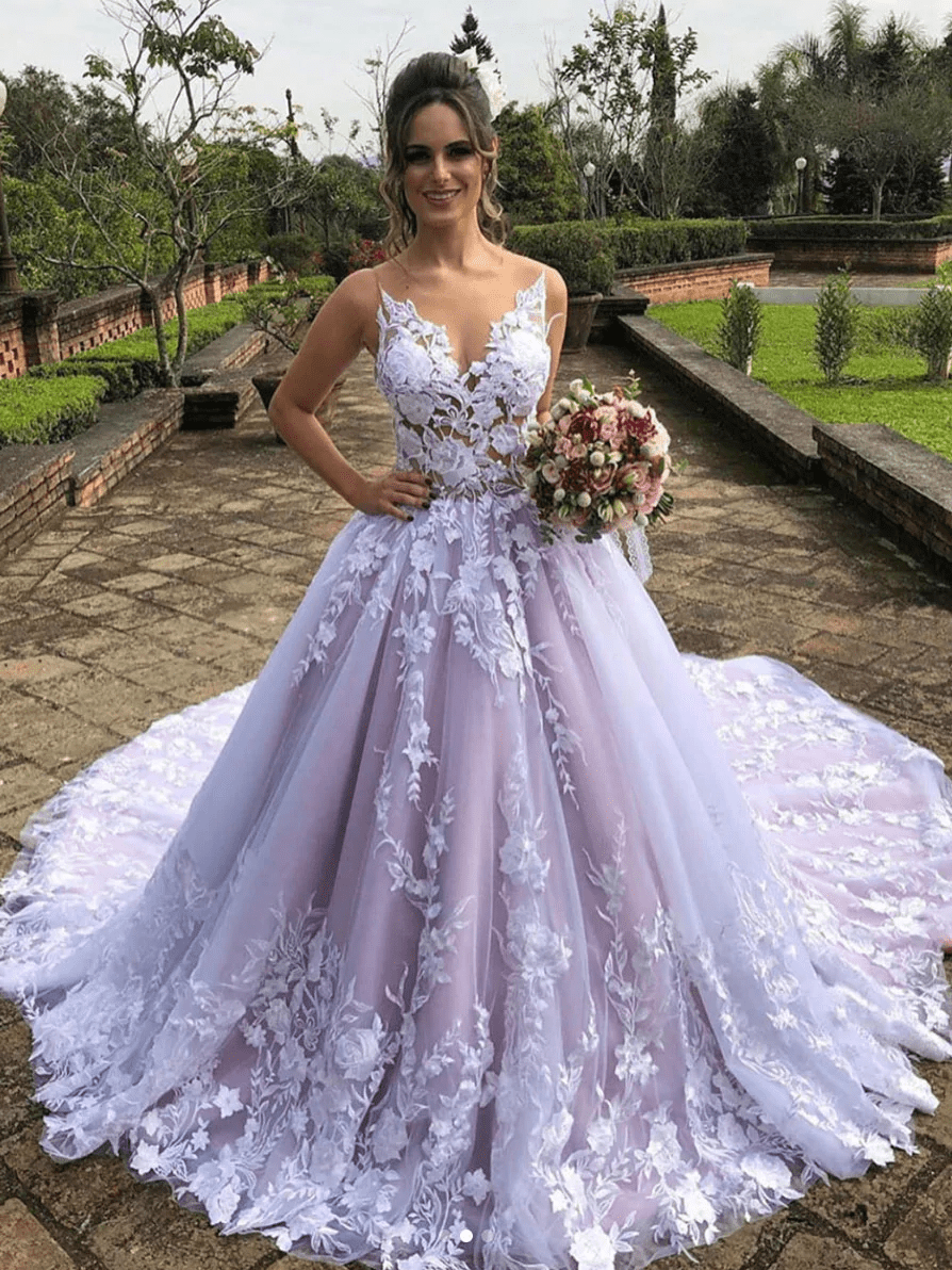 Melania | Light Purple Sleeveless A Line V-Neck Lace Wedding Dresses