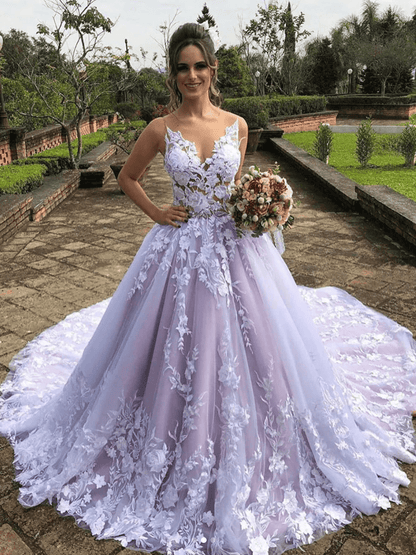 Melania | Light Purple Sleeveless A Line V-Neck Lace Wedding Dresses