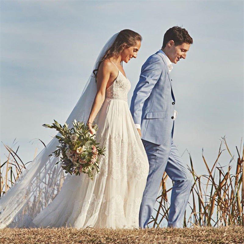 Simple A-Line V Neck Sleeveless Spaghetti Straps Beach Wedding Dresses