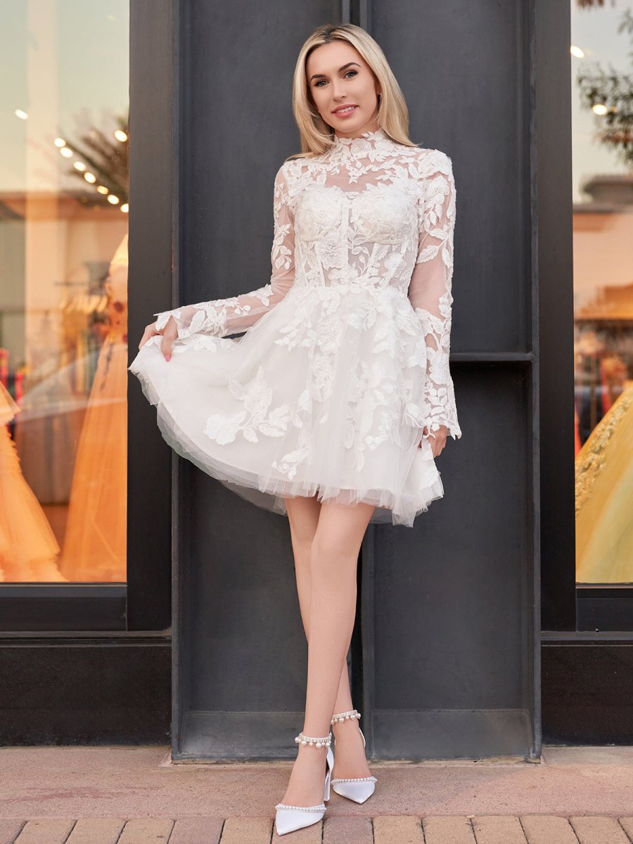 Marilla | Short White A-Line Illusion Neck Long Sleeves Lace Wedding Dresses