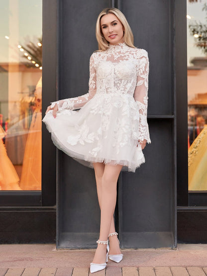 Marilla | Short White A-Line Illusion Neck Long Sleeves Lace Wedding Dresses