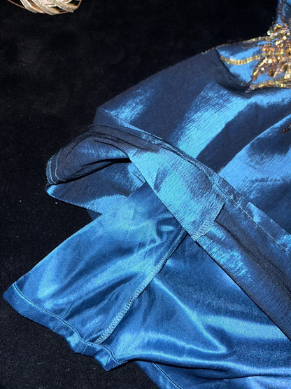 Blue gold beaded sequined gorgeous short homecoming dress satin party dress birthday dress gh4459