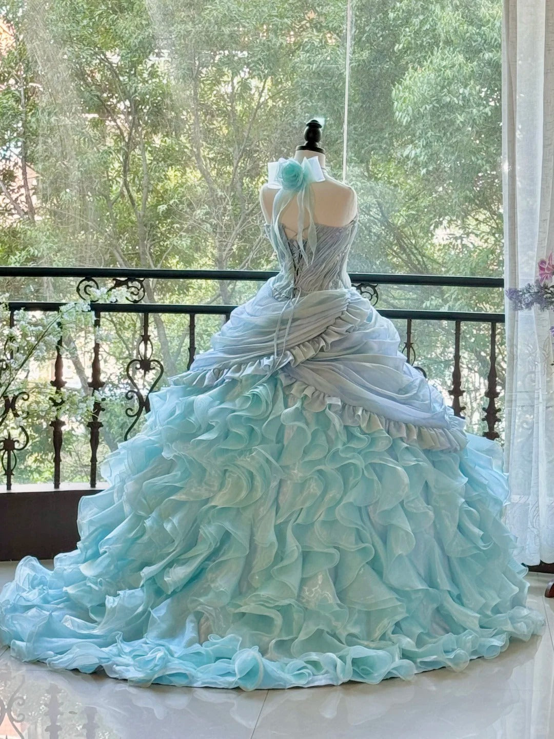 Girlhomeshops-Blue Gorgeous Elegant Shiny Long Tulle Quinceanera Dresses Prom Dress Graduation Dress gh5002