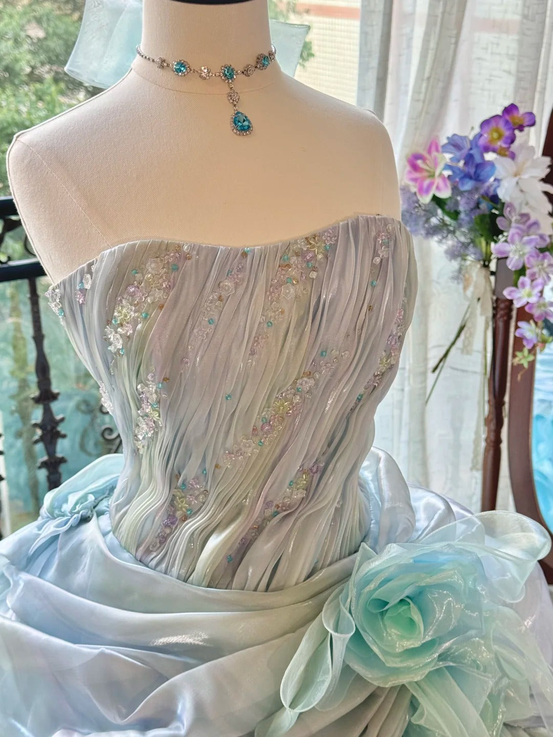Girlhomeshops-Blue Gorgeous Elegant Shiny Long Tulle Quinceanera Dresses Prom Dress Graduation Dress gh5002