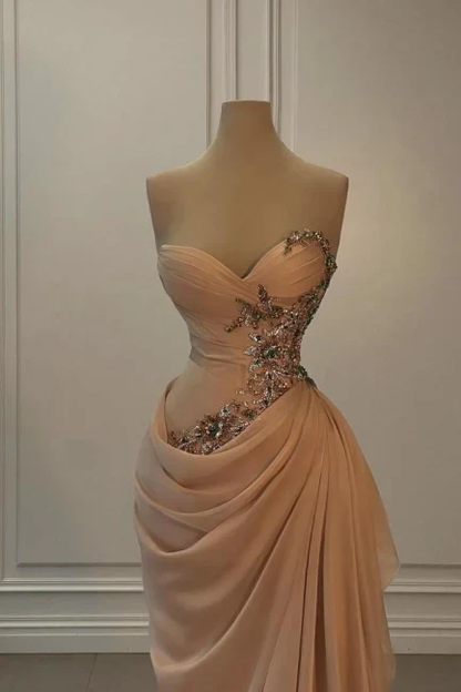 Exquisite Champagne Long Prom Outfit Ruched Mermaid Formal Dresses