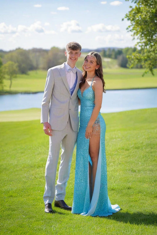 Stunning Spaghetti Straps V-Neck Sequined High Slit Long Prom Dresses