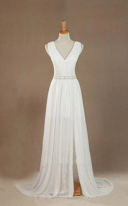 Sleeveless V-Neck Chiffon Beading High Slit Weddig Dress with Low-V Back