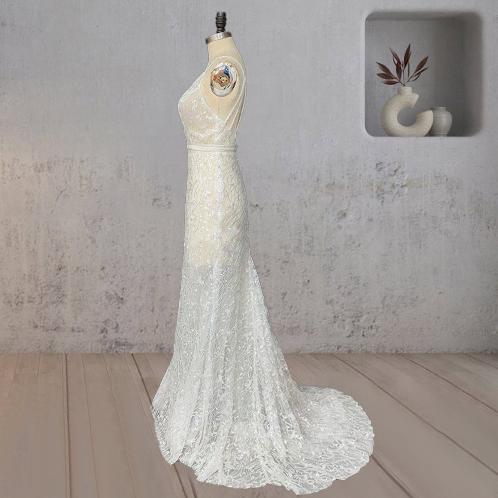 Mermaid Lace Deep V Wedding Dress with Appliques