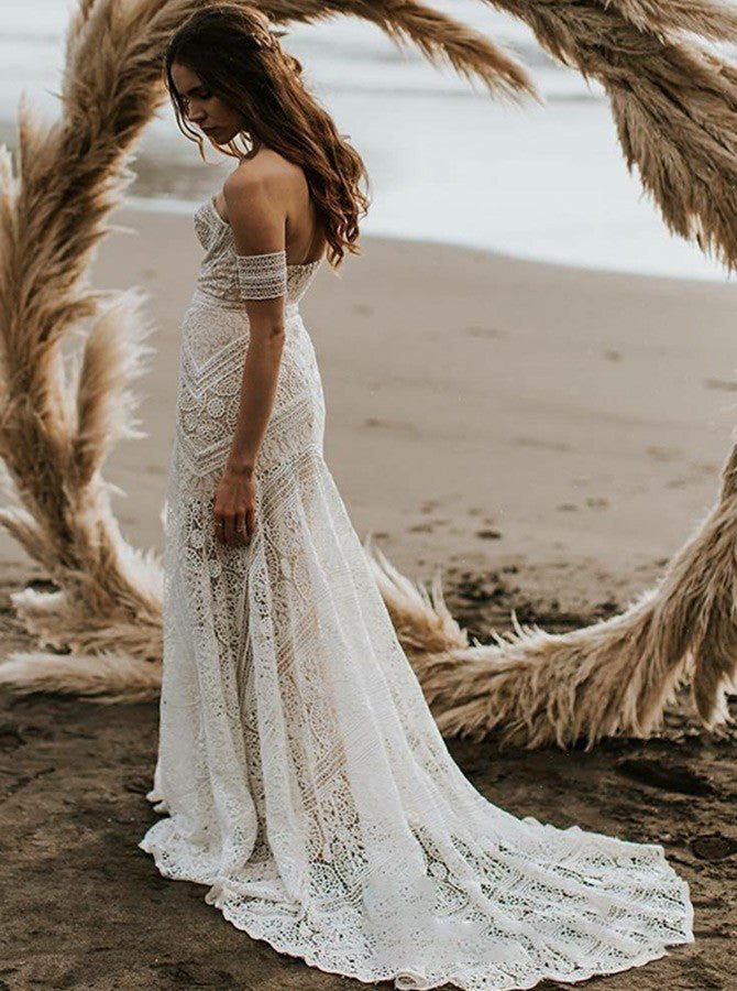 Mermaid Off-the-Shoulder Backless Ivory Lace Beach Wedding Dresses