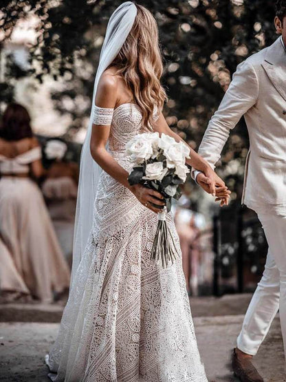 Mermaid Off-the-Shoulder Backless Ivory Lace Beach Wedding Dresses