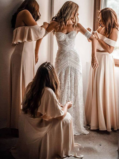 Mermaid Off-the-Shoulder Backless Ivory Lace Beach Wedding Dresses