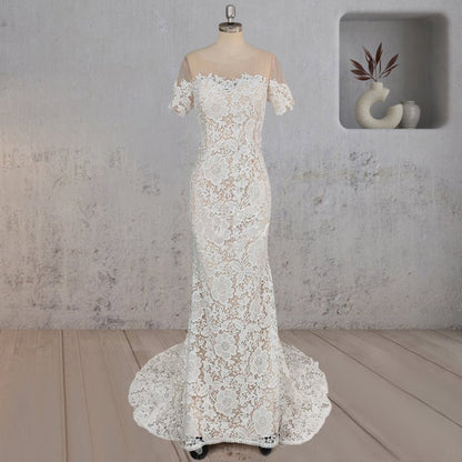 Mermaid Scoop Illusion Neck Floral Wedding Dress