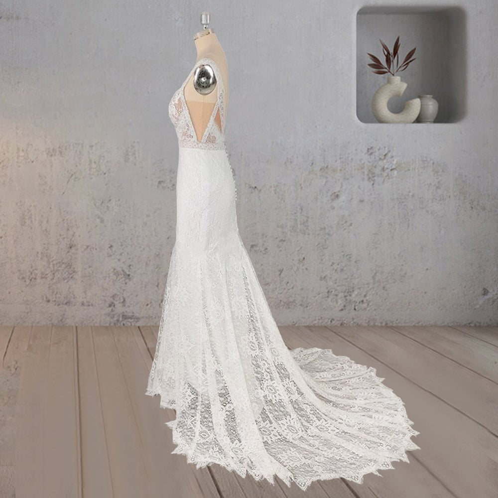 Mermaid White V Neck Illusion Wedding Dress