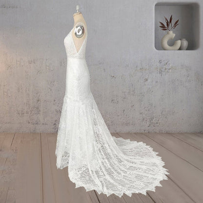 Mermaid White V Neck Illusion Wedding Dress