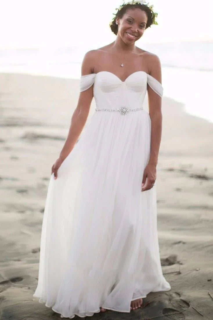 Newest White Off the shoulder Chiffon Wedding Dress With Beadings