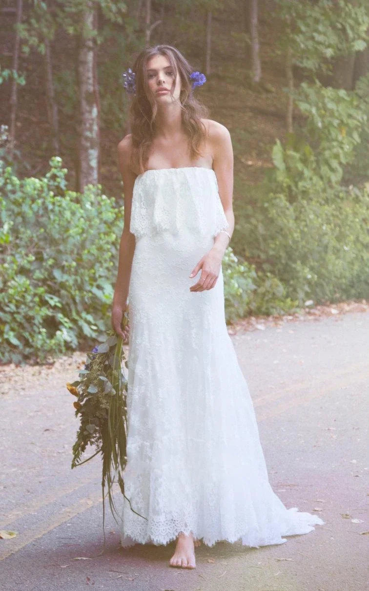 Off-Shoulder Long Mermaid Lace Boho Wedding Dress With Ruffles