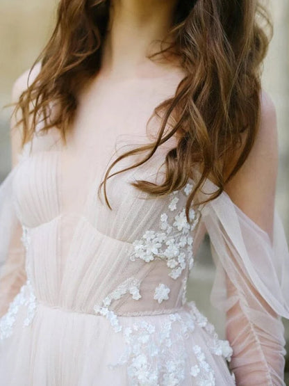 Off-The-Shoulder Tulle Illusion Sleeve Wedding Dress With Appliques