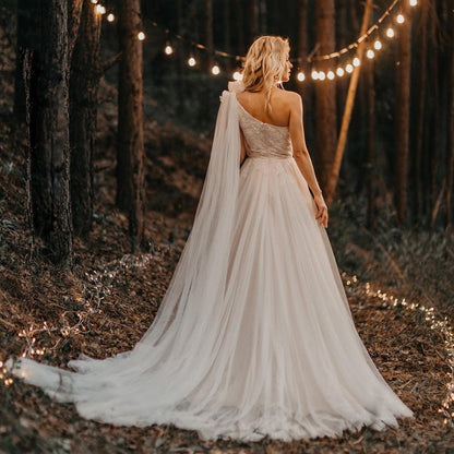 One Shoulder A Line Tulle Sleeveless Zipper Lace Wedding Dresses with Shawl