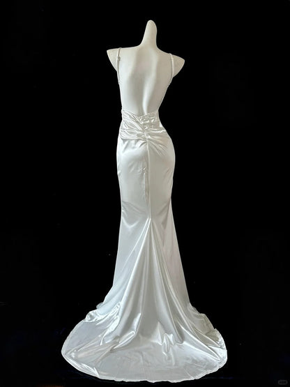 White Mermaid Elegant Long Satin Ball Gown Evening Dress Party Dress gh4474