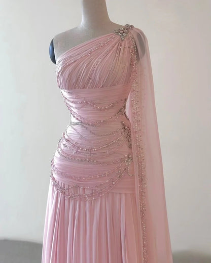 Fantasy Pink Chiffon Prom Dress Long Beaded Formal Evening Gown