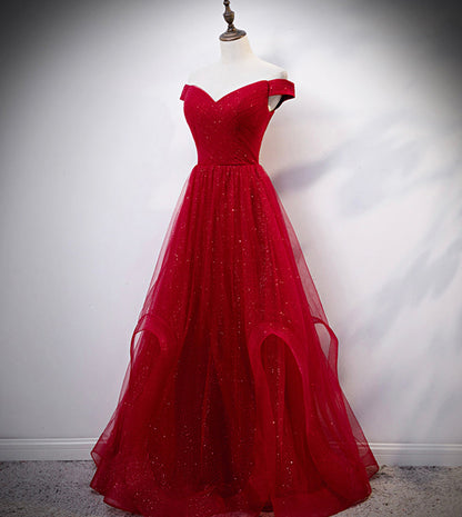 Burgundy tulle long prom dress evening dress C2149