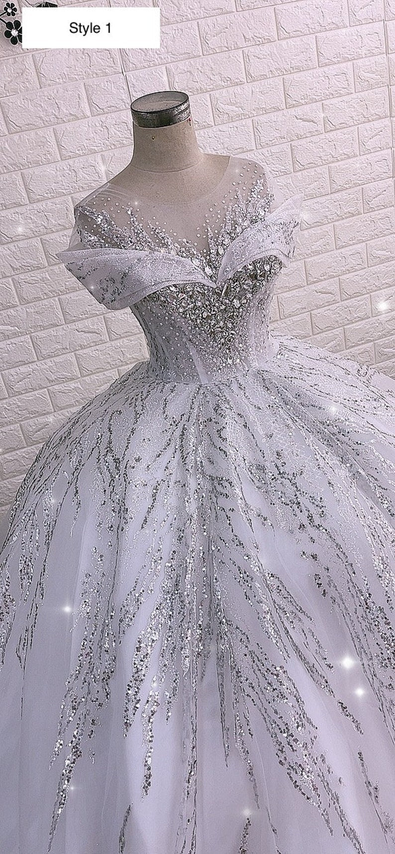 Luxurious white queen style sleeves beaded crystals sparkle ball gown wedding dress with glitter tulle C2156