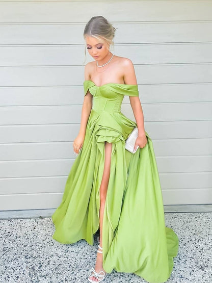 Simple green off shoulder satin long prom dress, green evening dress C2036