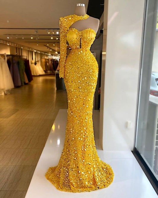 yellow sequin mermaid long prom dress, sexy evening dress  C2187