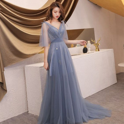 Elegant Grey Summer Evening Dresses A-Line / Princess V-Neck 1/2 Sleeves Appliques Sequins Sweep Train Ruffle Backless Formal Dresses C2012