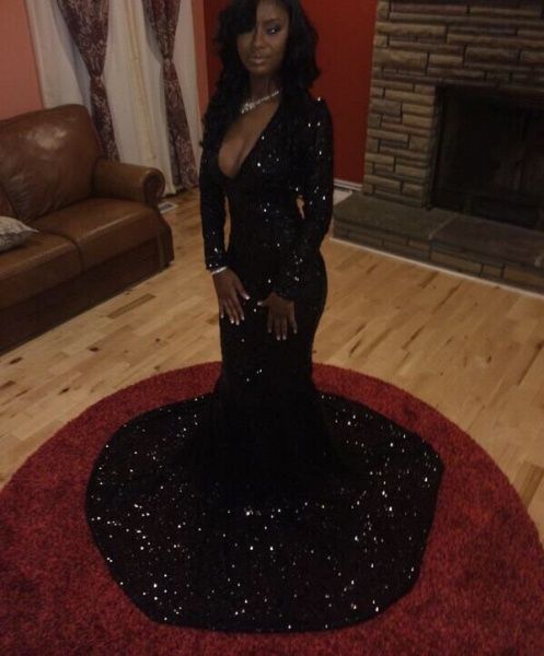 Sparkly Sequins Long Sleeve Deep V-Neck Black Prom Dresses  C1903