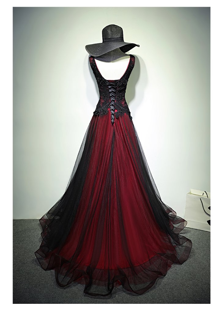Gorgeous Black And Red V-Neckline Tulle Beaded Prom Dress, Long Evening Dress c2542