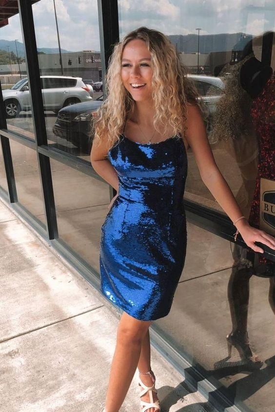 Navy Blue Sequins Homecoming Dress c3241