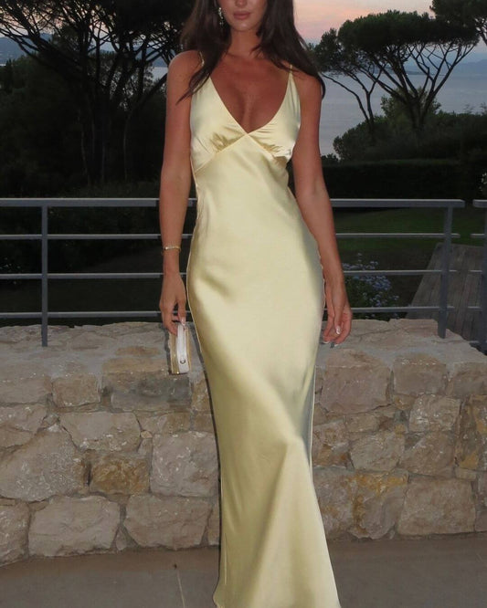 Elegant Yellow Prom Dress Long Fitted Satin Mermaid Backless Formal Gowns