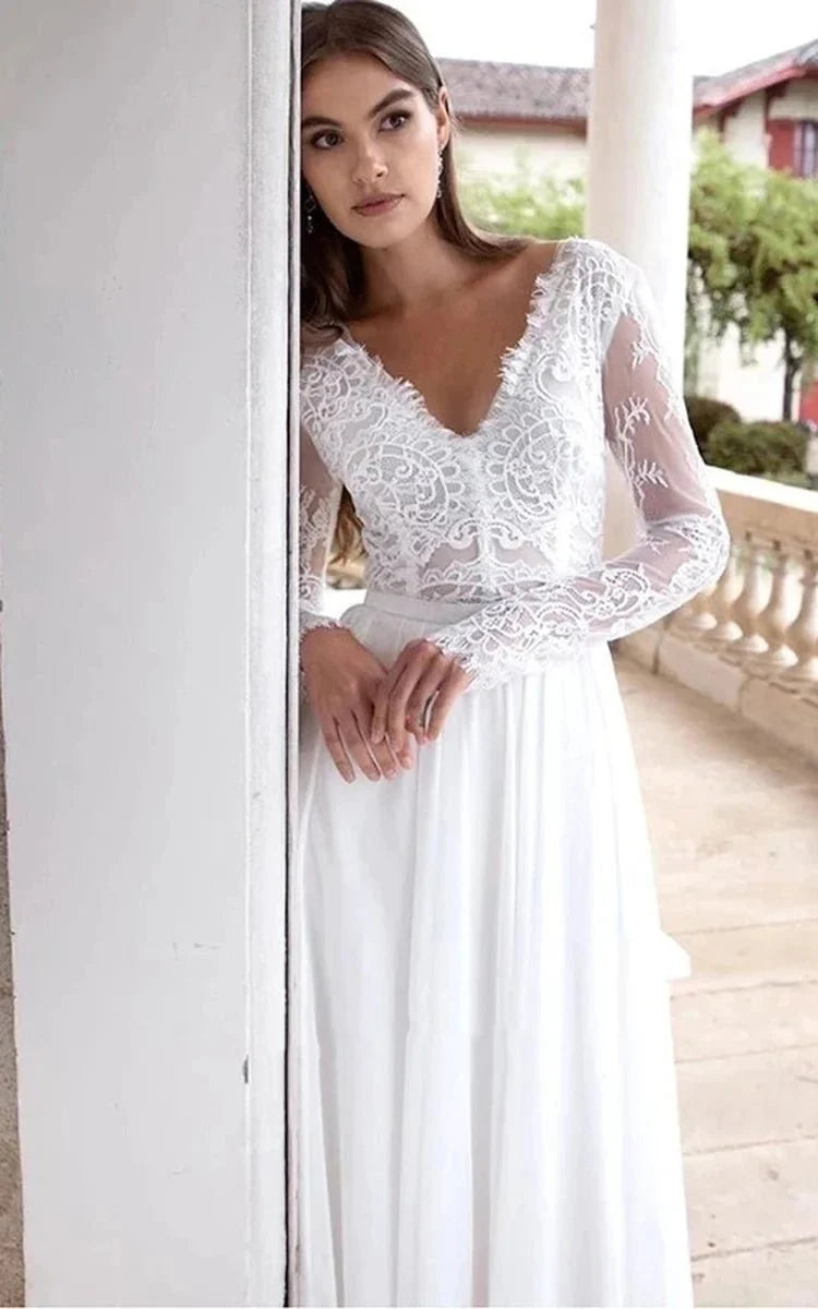 Romantic Modern A Line Floor-length Chiffon Lace V-neck Long Sleeve Wedding Dress