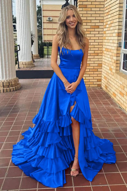 Strapless A Line Lace-Up Ruffled Tiered Prom Dress with Slit