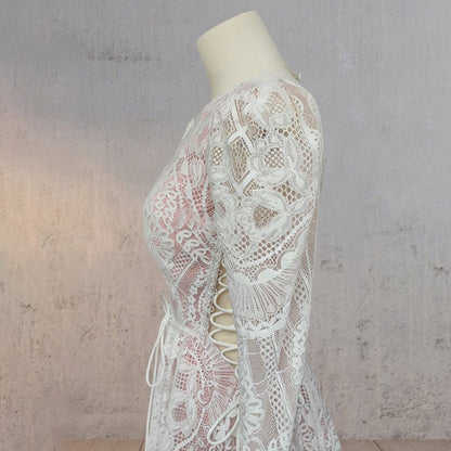 Ruched Bohemian Lace Round Neck Wedding Dress