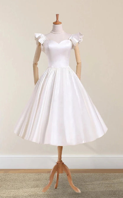 Nayeli | Scalloped Tea-Length Satin Wedding Dress With Pleats