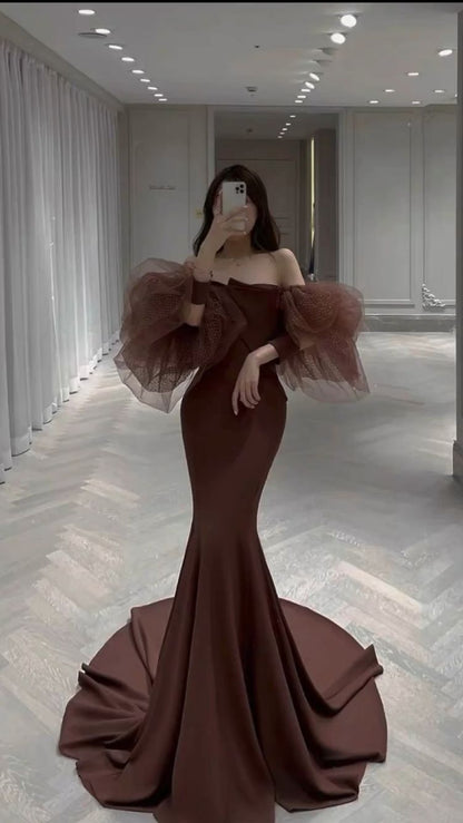 Simple Mermaid Prom Dress Strapless Evening Dress Tulle Sleeves C2452