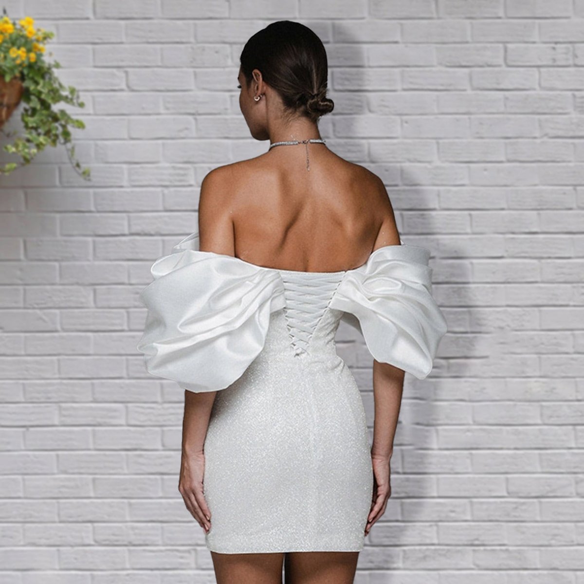 Sheath Glitter Short Off-the-Shoulder Wedding Dress With Lace-Up Back