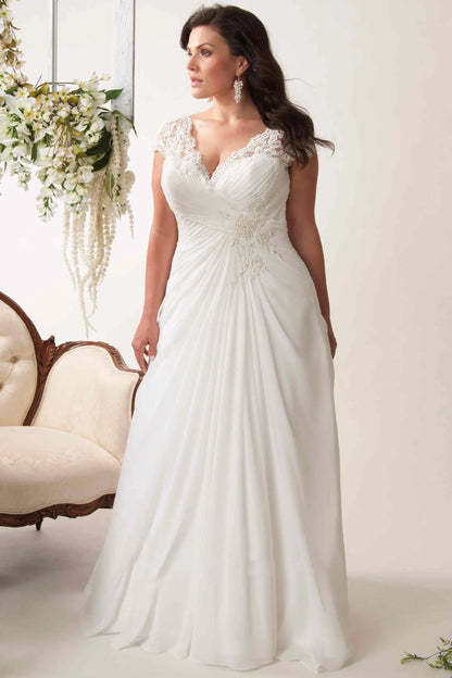 Mirella | Sheath V-Neck Appliqued Cap-Sleeve Chiffon Wedding Dress With Ruching And Keyhole