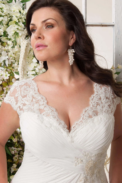 Mirella | Sheath V-Neck Appliqued Cap-Sleeve Chiffon Wedding Dress With Ruching And Keyhole