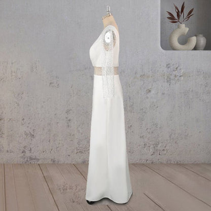 Sheath V Neck White Satin Long Wedding Dress
