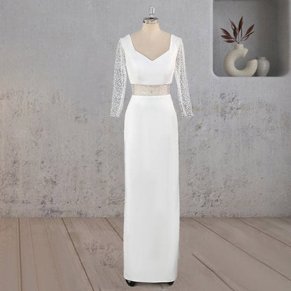 Sheath V Neck White Satin Long Wedding Dress