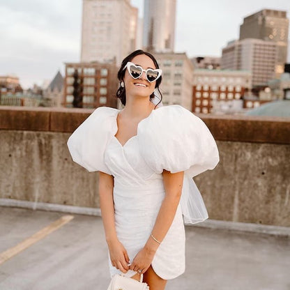 Madison | Sheath White Puff Sleeves Short V-Neck Wedding Dress