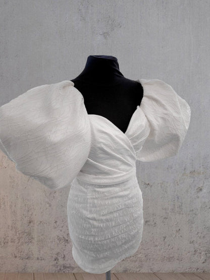 Madison | Sheath White Puff Sleeves Short V-Neck Wedding Dress