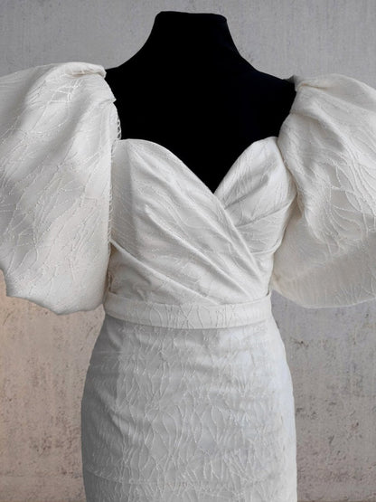 Madison | Sheath White Puff Sleeves Short V-Neck Wedding Dress