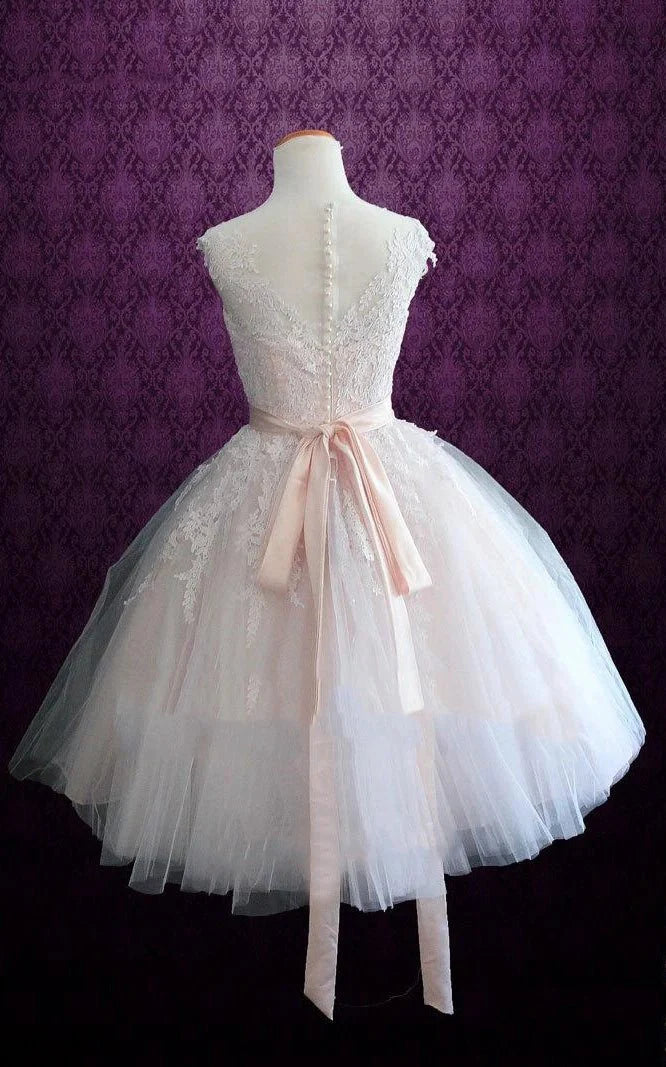 Short Tea-Length Tulle Lace Satin Weddig Dress